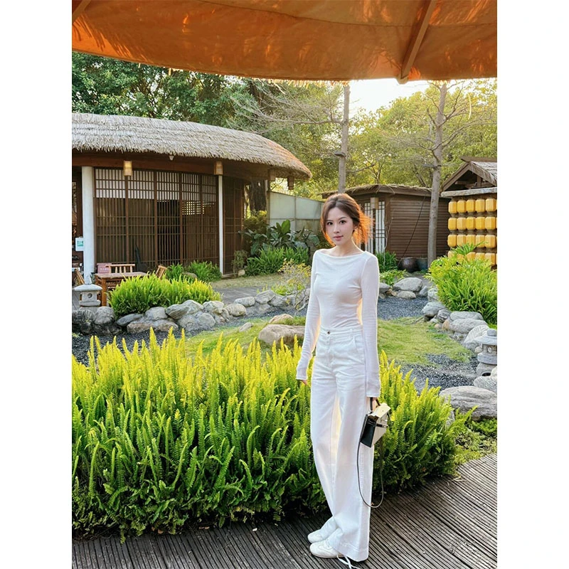 春款休闲风简约时尚设计感U领长袖T恤上衣高腰宽松显瘦直筒阔腿裤