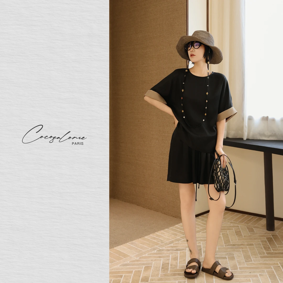 韩彬彬"香云纱组合"香云纱桑蚕丝真丝夏装舒适老钱拼接套装1760-1