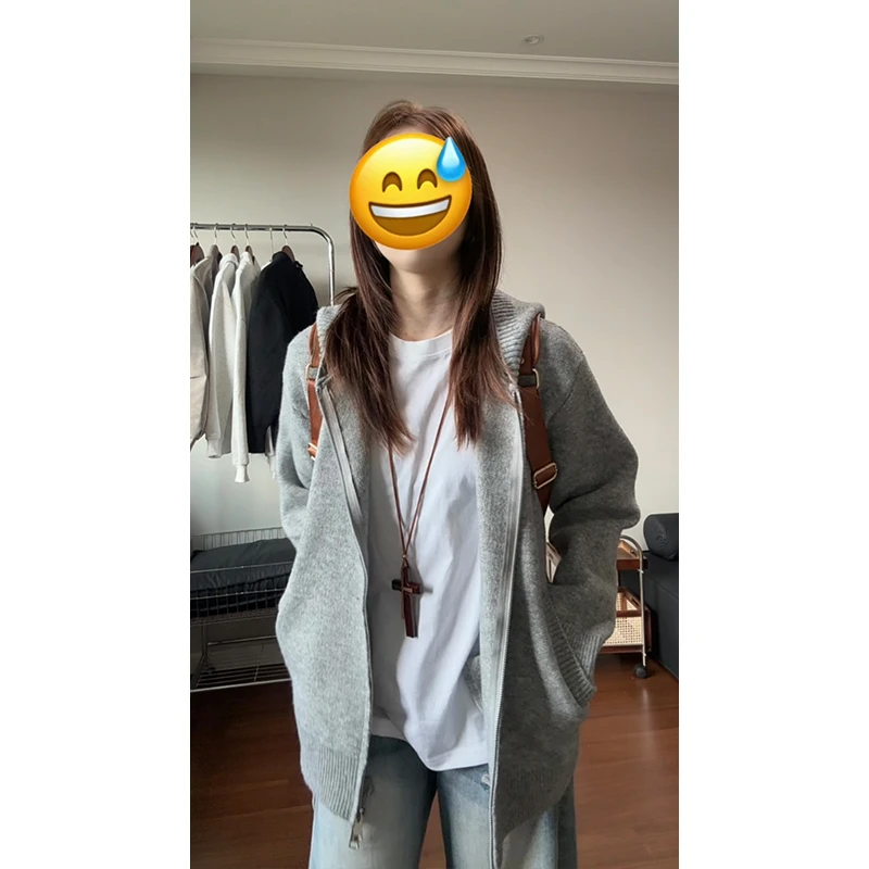 cleanfit灰色双拉链连帽针织卫衣男秋季慵懒风宽松学院毛衣外套