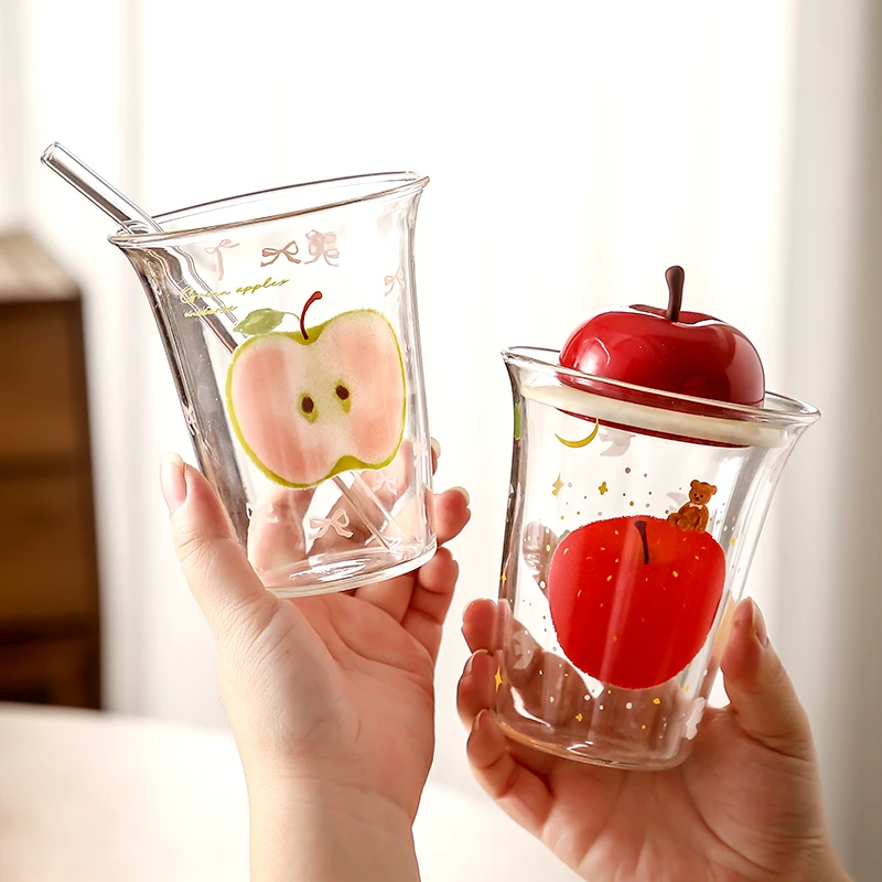 高颜值【立体苹果盖玻璃杯】大容量吸管杯家用喝水杯小众情侣咖啡杯