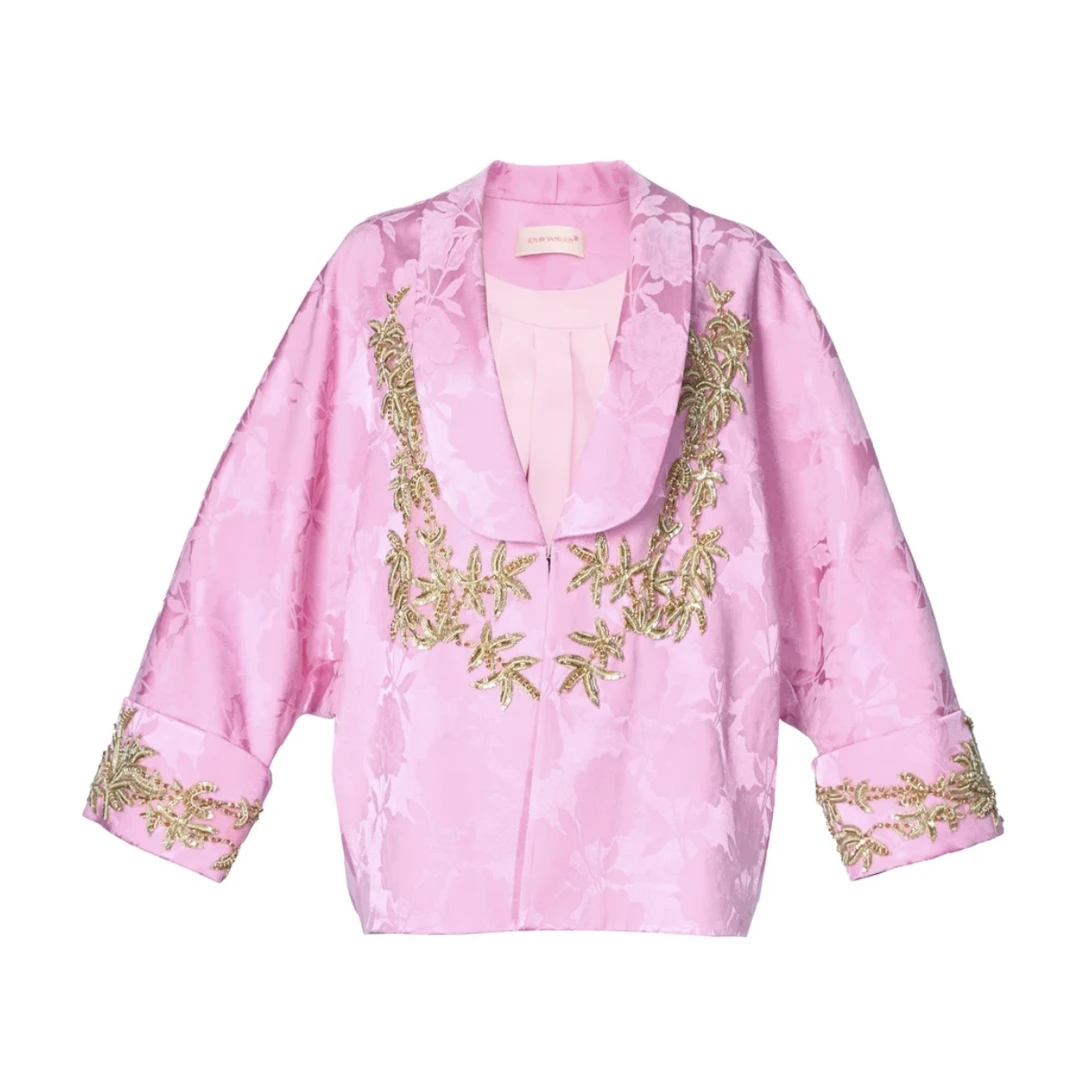 JUNYANG杨君胭脂桃粉宽松珠绣短款外套中式设计师