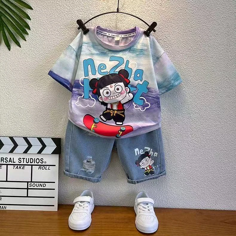 哪咤儿童服装男童夏套装2025新款亮灯扎染宝宝短袖t恤两件套衣服