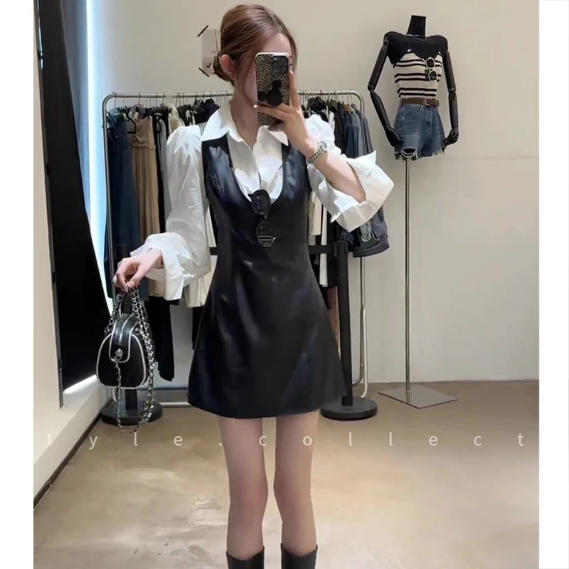 2025早秋新款时尚气质长袖衬衫+背心皮裙两件套女显瘦高级感套装