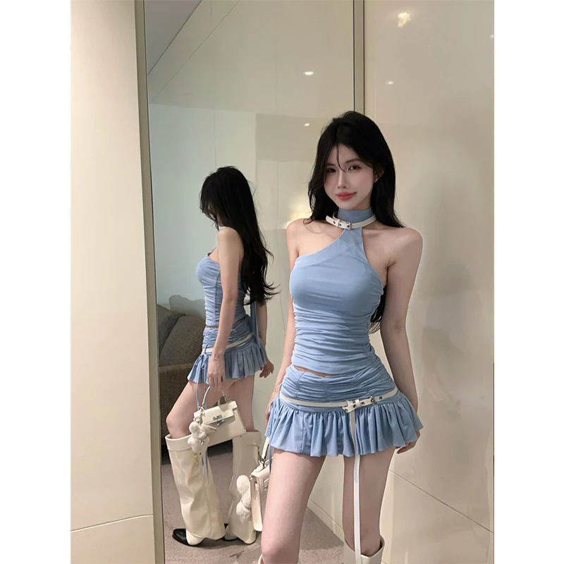 盐系清新少女纯欲设计感斜肩褶皱系带挂脖背心时尚褶皱短裙套装