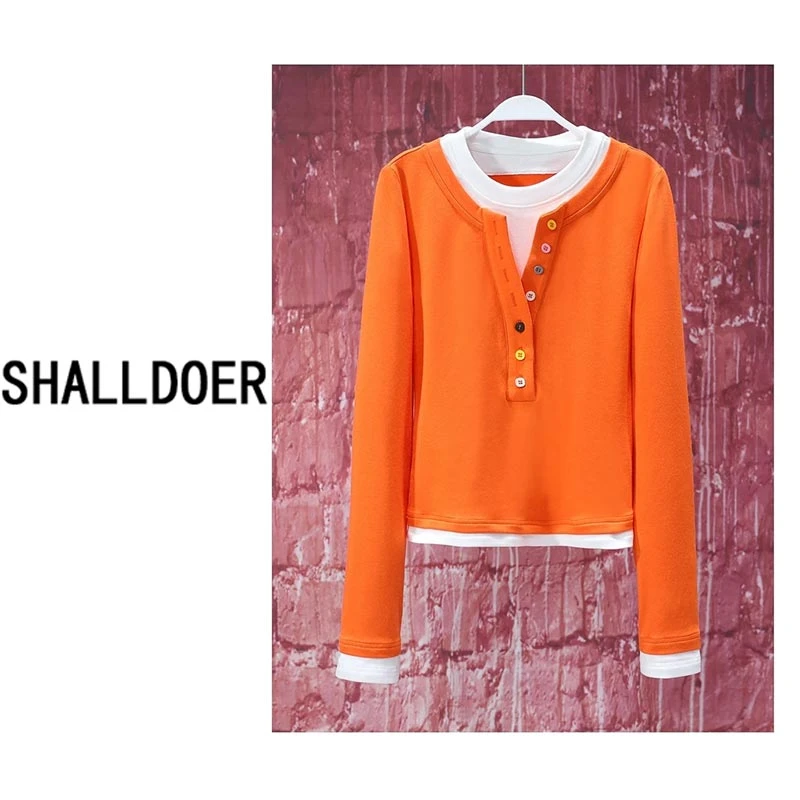 韩版撞色假两件长袖t恤上衣女2025年春季新款单排扣百搭内搭卫衣