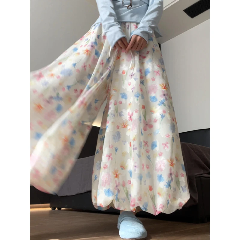 花苞裙裤女夏季2025新款小个子a字半身裙垂感高腰显瘦碎花阔腿裤