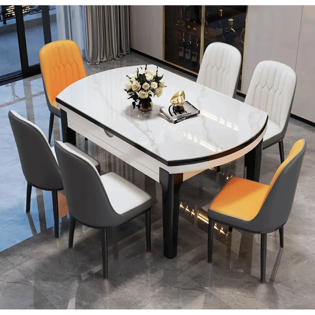 岩板餐桌椅组合现代简约轻奢家用吃饭折叠伸缩饭桌可变圆桌小户型