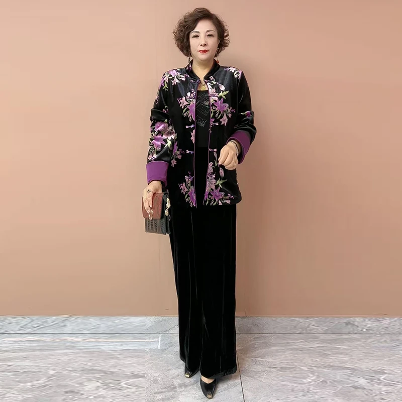 90140唐装中国风丝绒外套秋冬新款高端覆古烧花加绒开衫两件套95