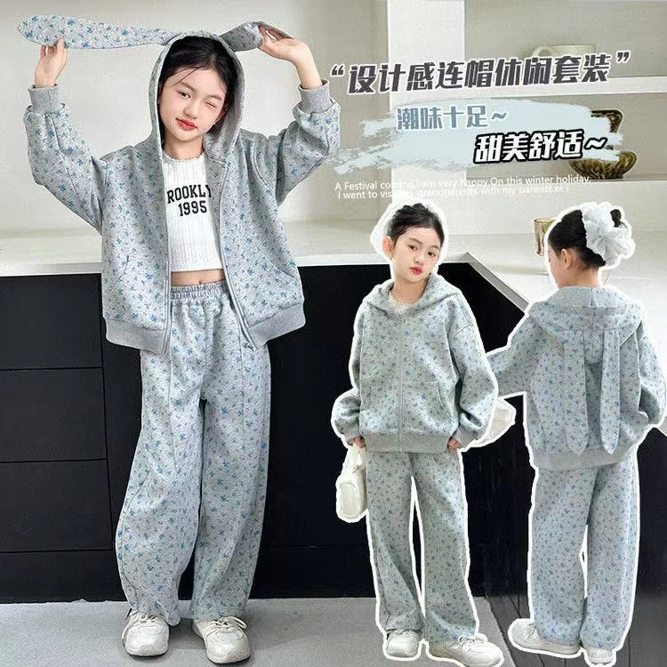女童秋装2025新款小宝宝中大童韩版洋气百搭休闲儿童装连帽套装