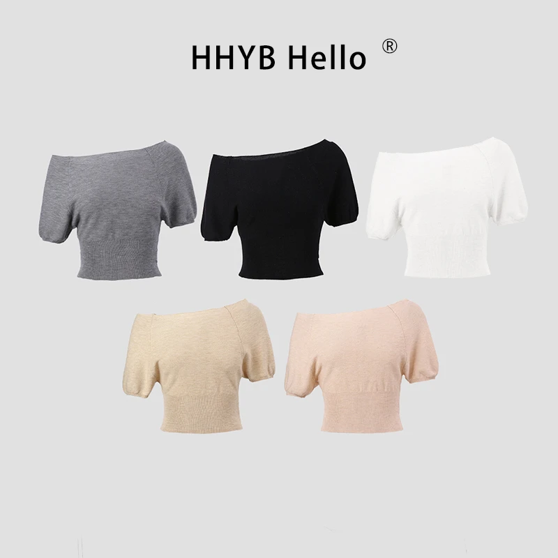 HHYB Hello2025夏季斜肩袖宽松针织上衣百搭轻奢感休闲套头M1311