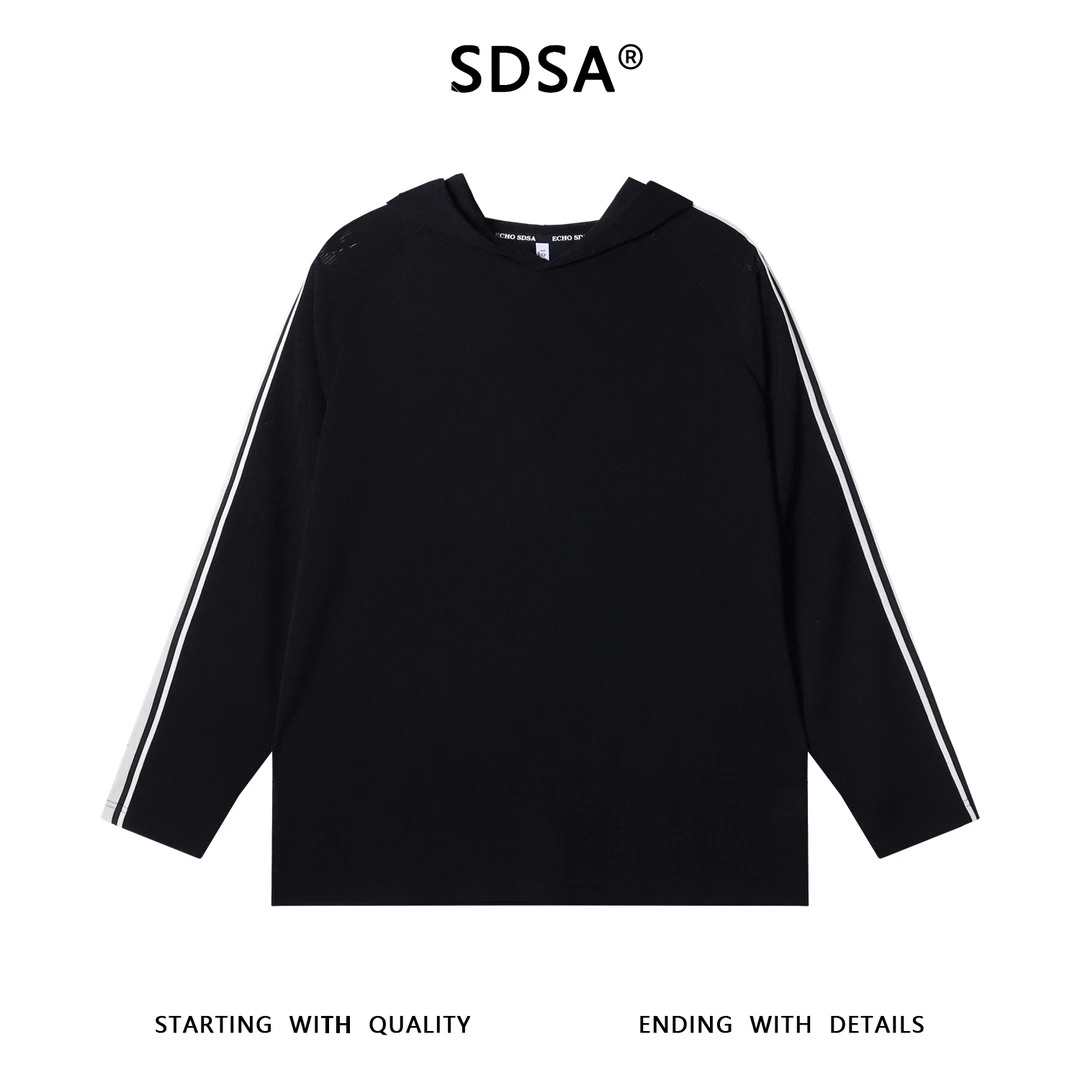 SDSA男士秋冬新款轻奢痞帅男装撞色织带玉米格连帽长袖T恤舒适潮