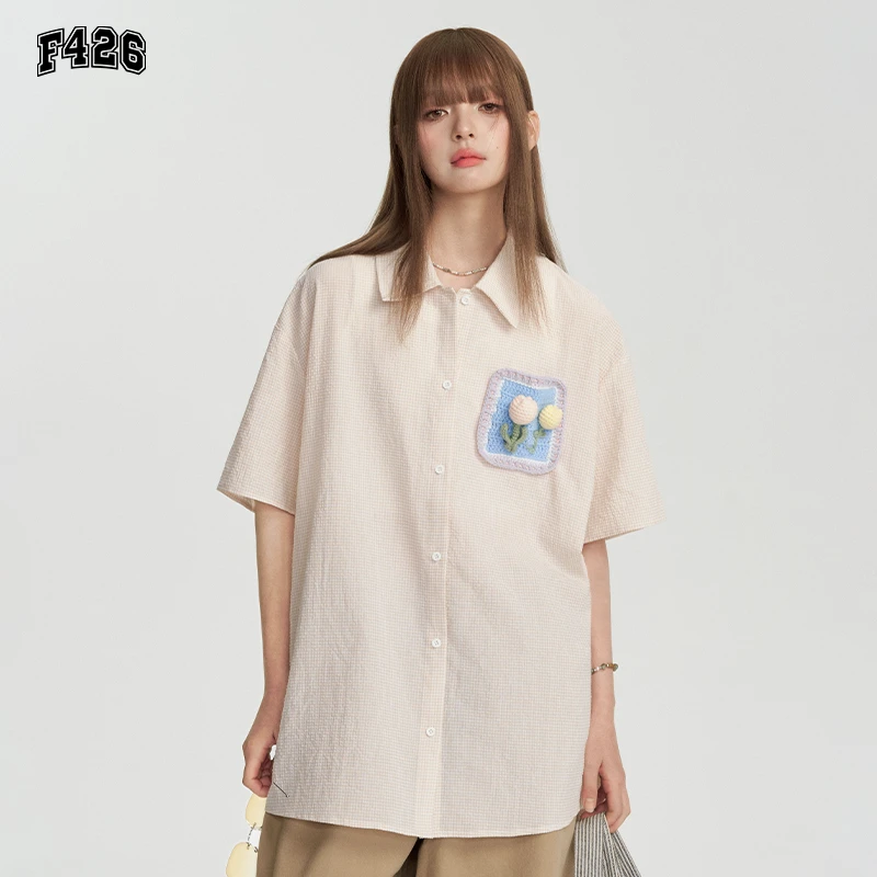 F426欧若风夏季经典宽松小格子口袋衬衫休闲薄款衬衣春夏穿搭5754