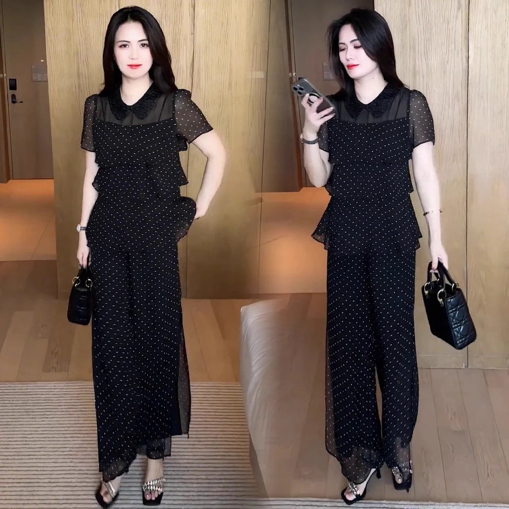 时尚套装女2025夏季新款洋气减龄波点娃娃领拼接短袖阔腿裤两件套