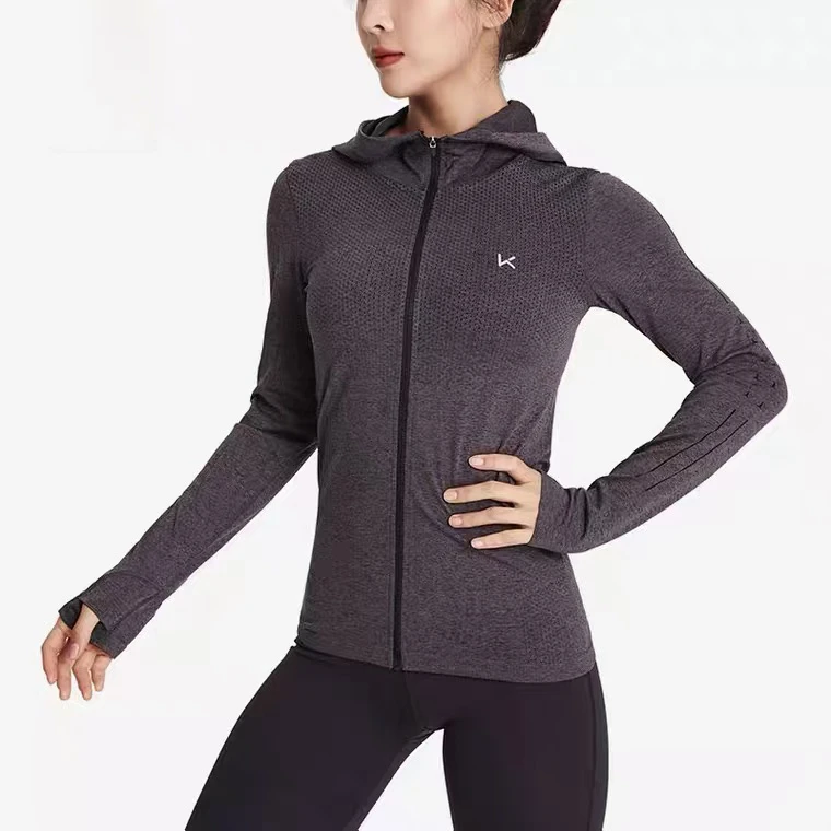 女子透气运动外套速干吸汗弹力健身训练连帽袖外套