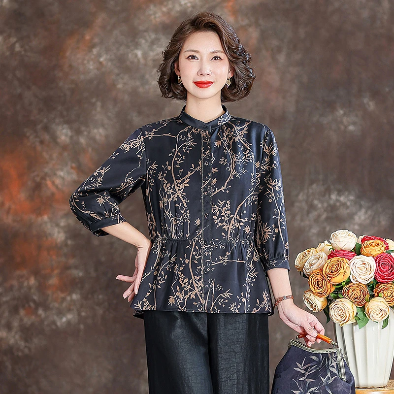 齐黛品牌百分百香云纱上衣女2025新款收腰显瘦妈妈装印花真丝衬衫