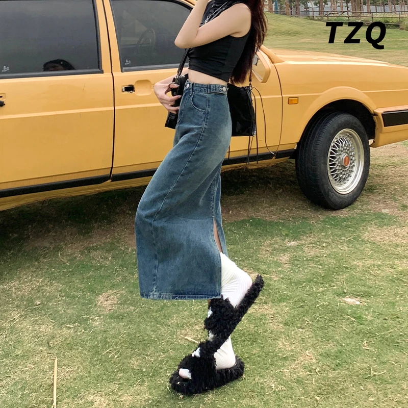 2025新款高腰显瘦牛仔裙女中长款包臀裙开叉a字半身裙TZQ2521707