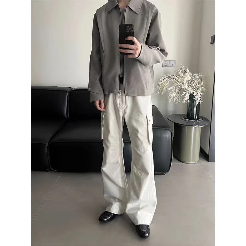 春季新款骨白水洗白色牛仔裤男款Cargo宽松微喇褶皱工装休闲长裤