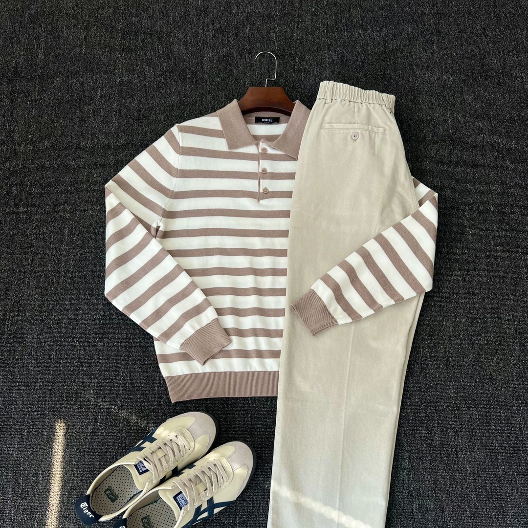 秋冬时尚气质撞色条纹长袖针织毛衣舒适翻领针织POLO衫上衣男款