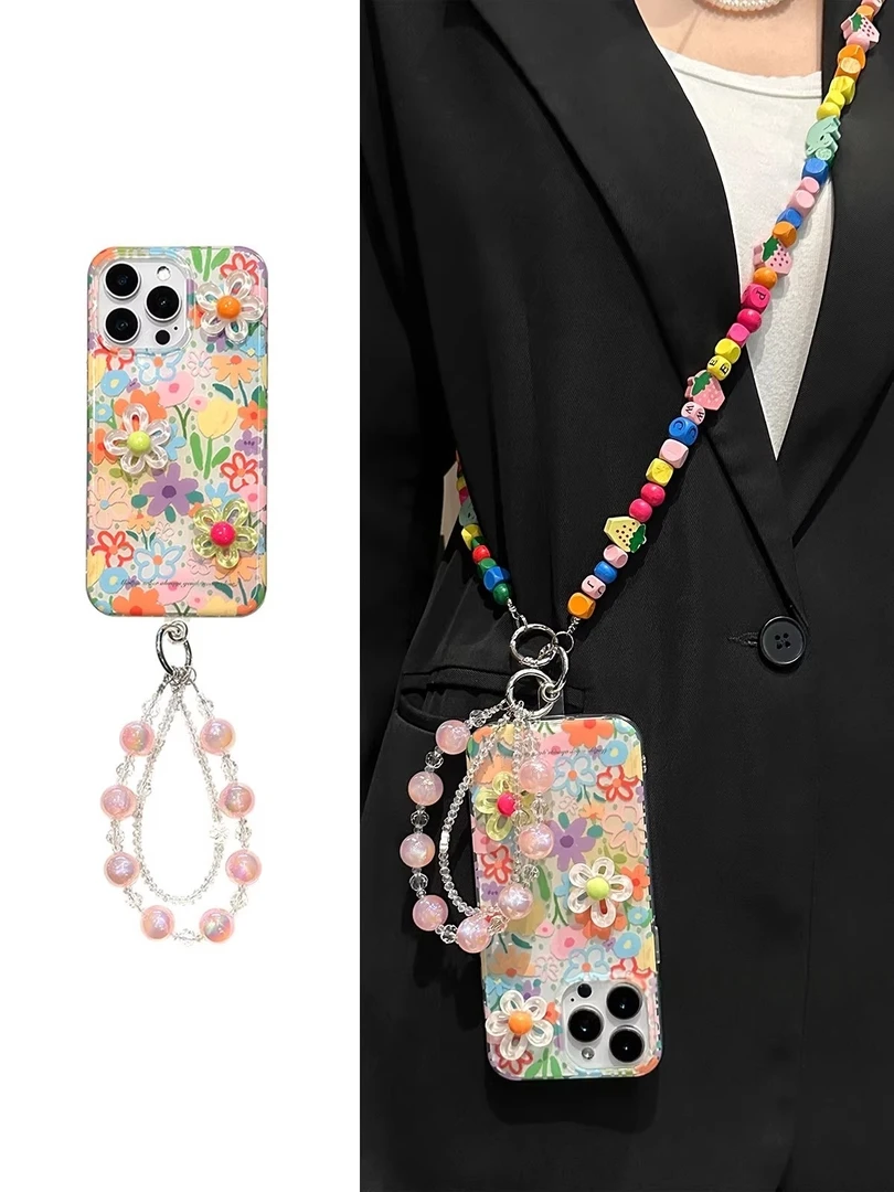 立体彩色花朵斜跨背带手链适用iPhone16promax苹果15手机壳14女13