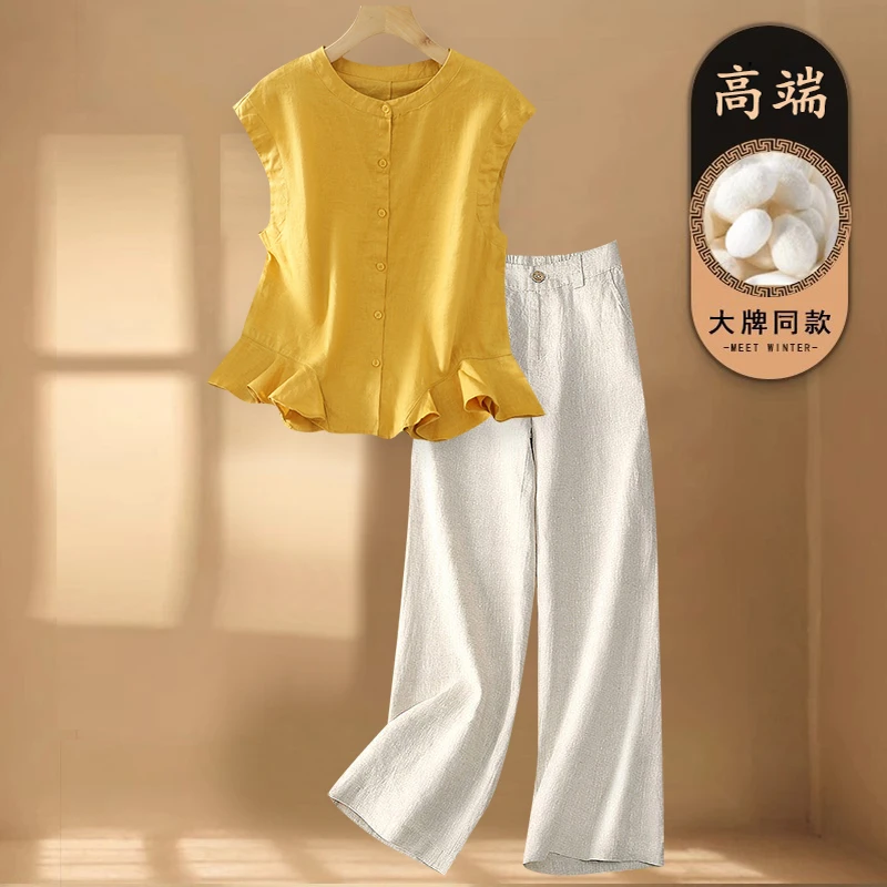 高级感轻奢苎麻无袖衬衫套装女夏季洋气时尚减龄亚麻阔腿裤两件套