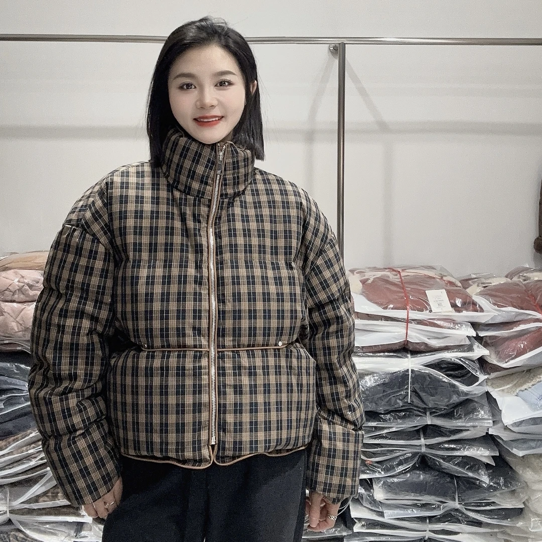 LMM 626 2024冬季新款韩系复古格子羽绒服女短款立领小个子宽松