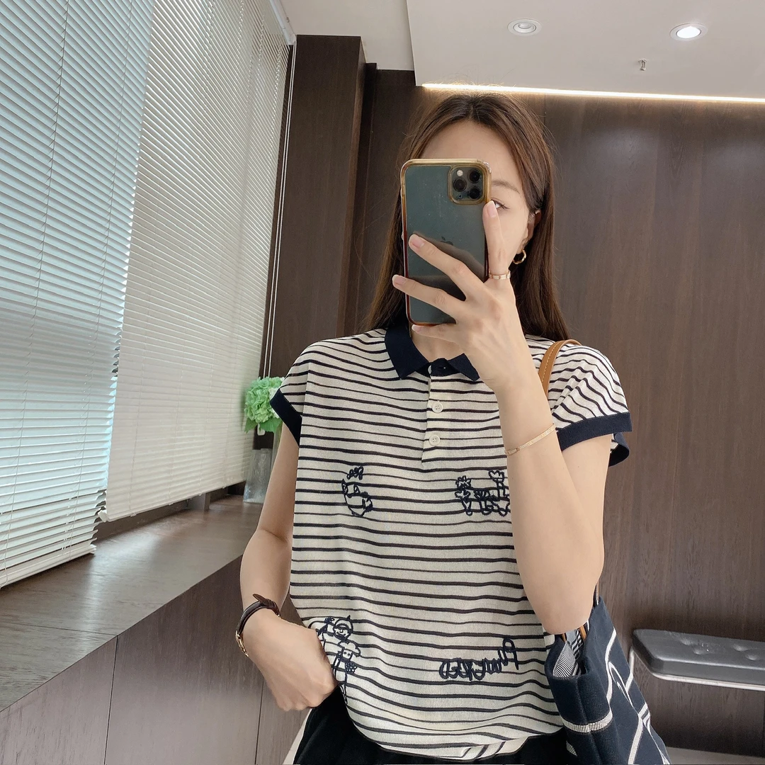 IMFLY金小金自制女装 针织衫DYW9397撞色POLO领卡通图案刺绣上衣