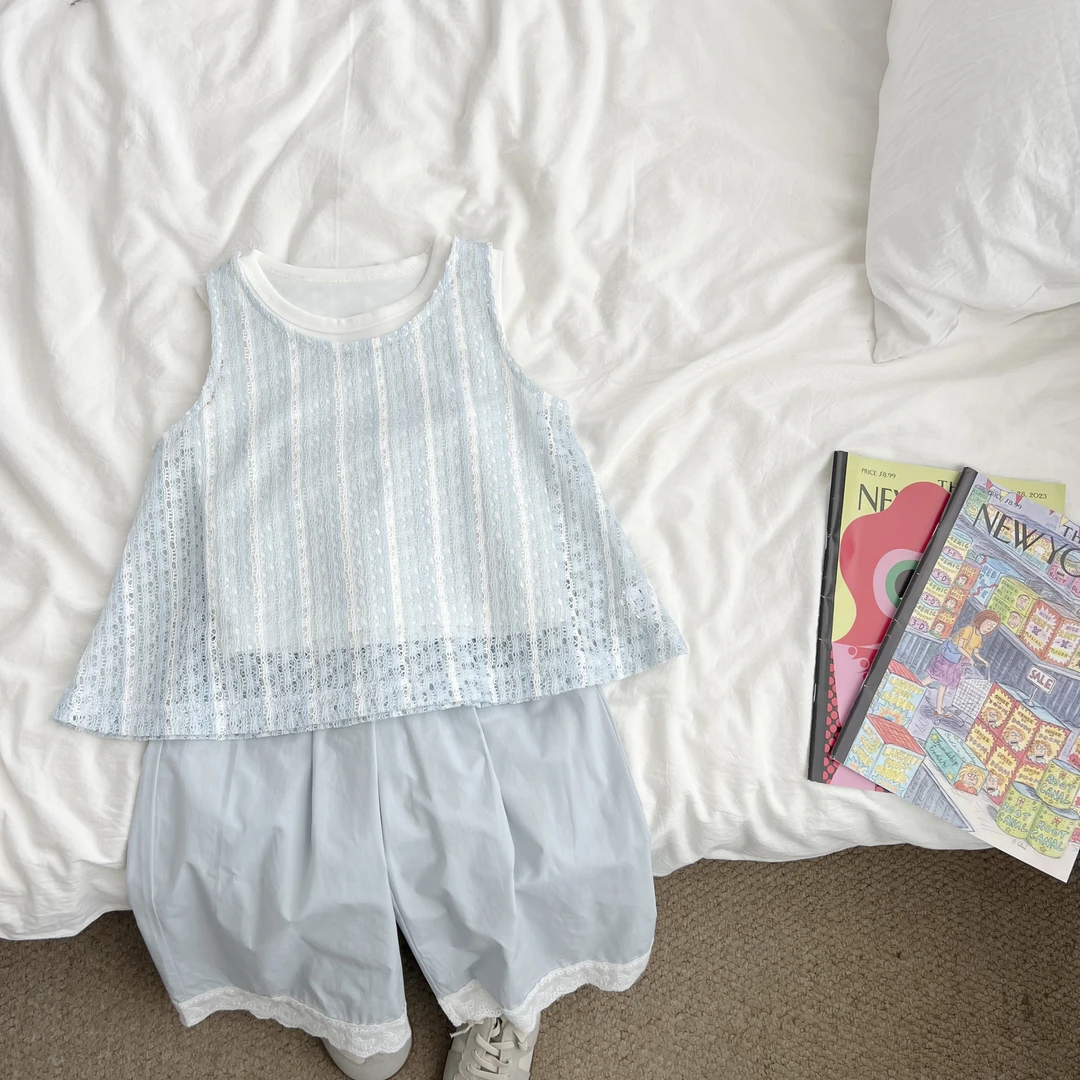 （现货）女童夏季背心镂空无袖直筒裤三件套韩版女孩套装YMTXW50351