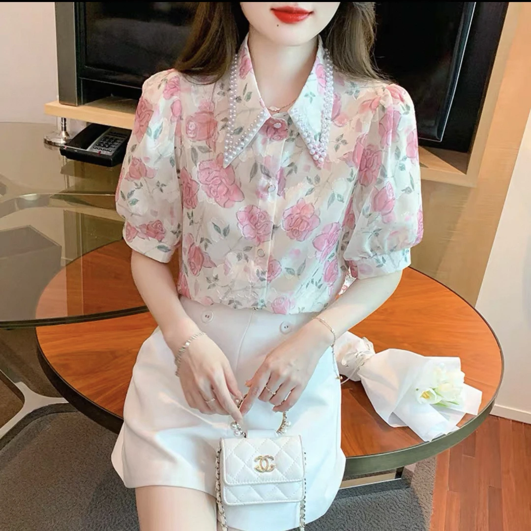 D01-D99女2025新款夏季设计感小众时尚洋气减龄碎花别致短袖上衣