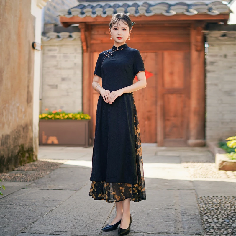 如意风夏季新款日常可穿显瘦复古民国大小姐风中式奥黛旗袍25R601
