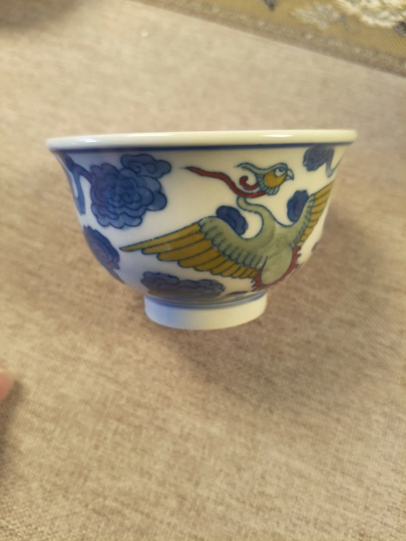 景德镇陶瓷全手工手绘黄稀土釉中彩鹿凤和鸣压手杯