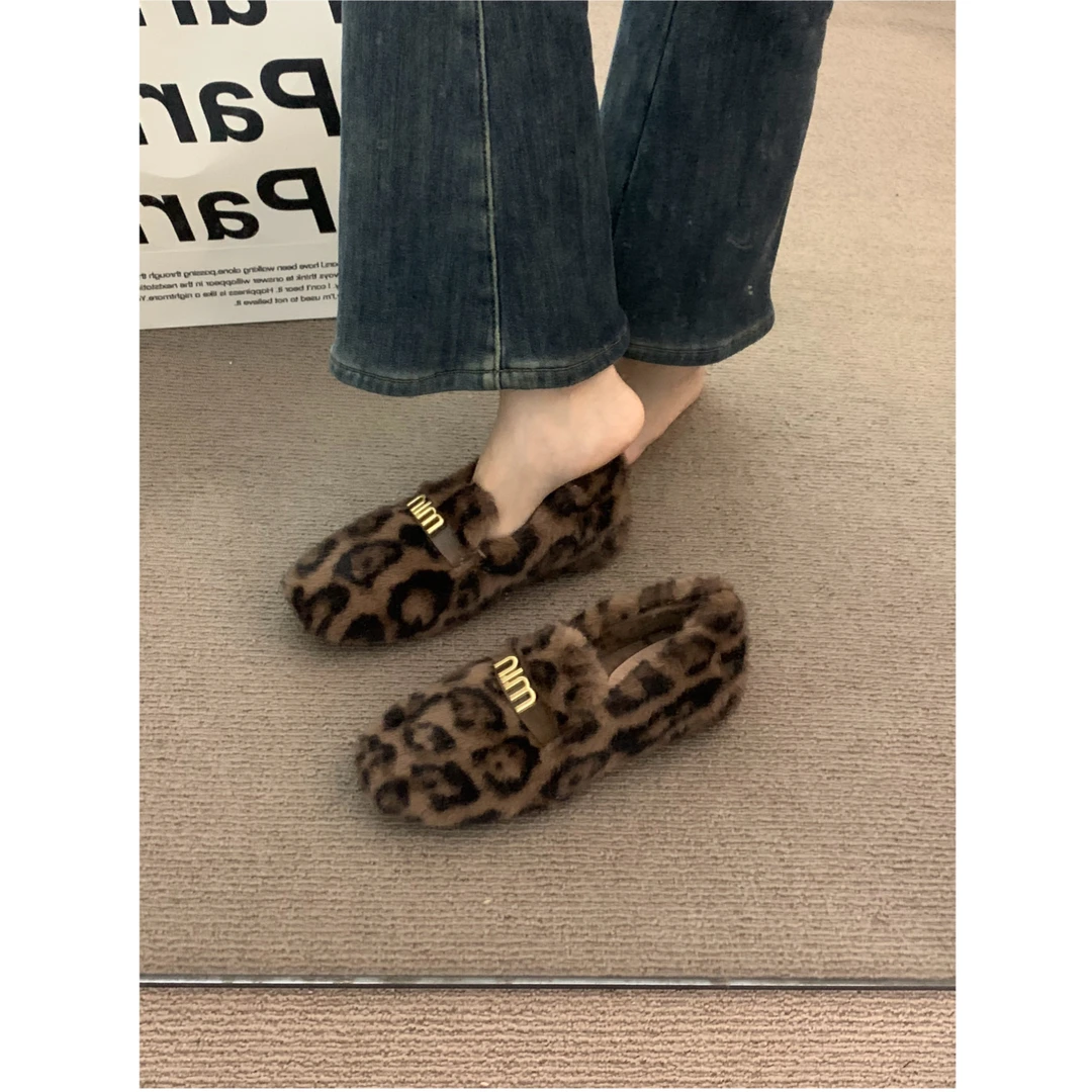 啄木鸟内增高4CM豹纹时髦外穿单鞋女秋冬一脚蹬网红加绒豆豆棉鞋