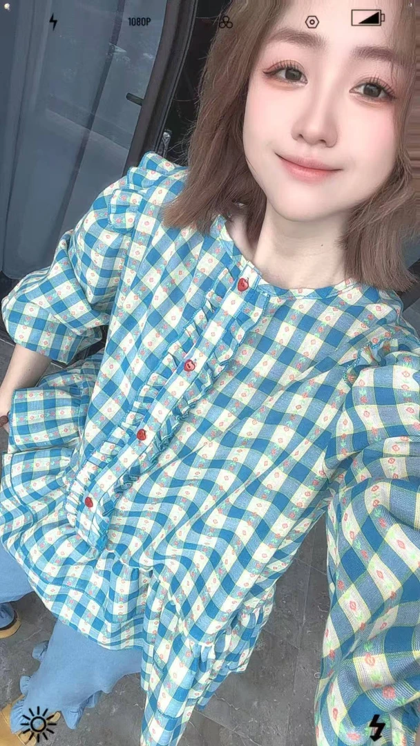 大唤家女装春夏新款蓝色格子衬衫时尚休闲韩版夏季
