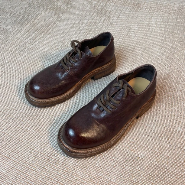 34-40码马皮德比系带真皮组合底高档复古擦色皮鞋推荐~厚底圆头