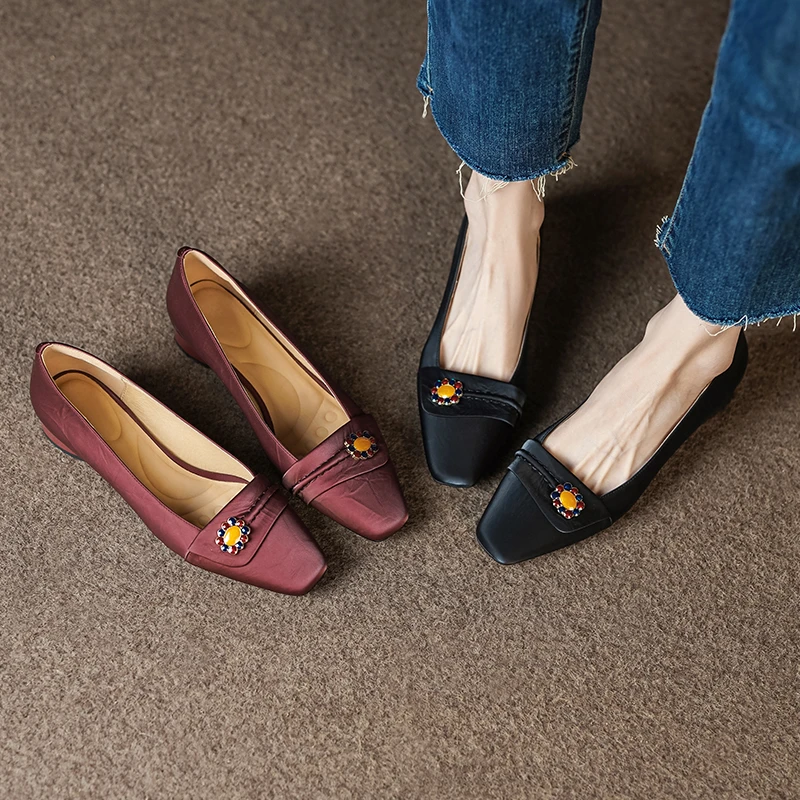 3cm/牛皮/法式真皮粗跟单鞋女舒适方头百搭中跟浅口春季女鞋子40