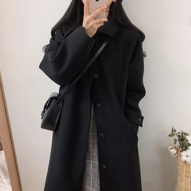 赫本风黑色大码毛呢外套女胖mm秋冬中长款日系呢大衣显瘦小个子