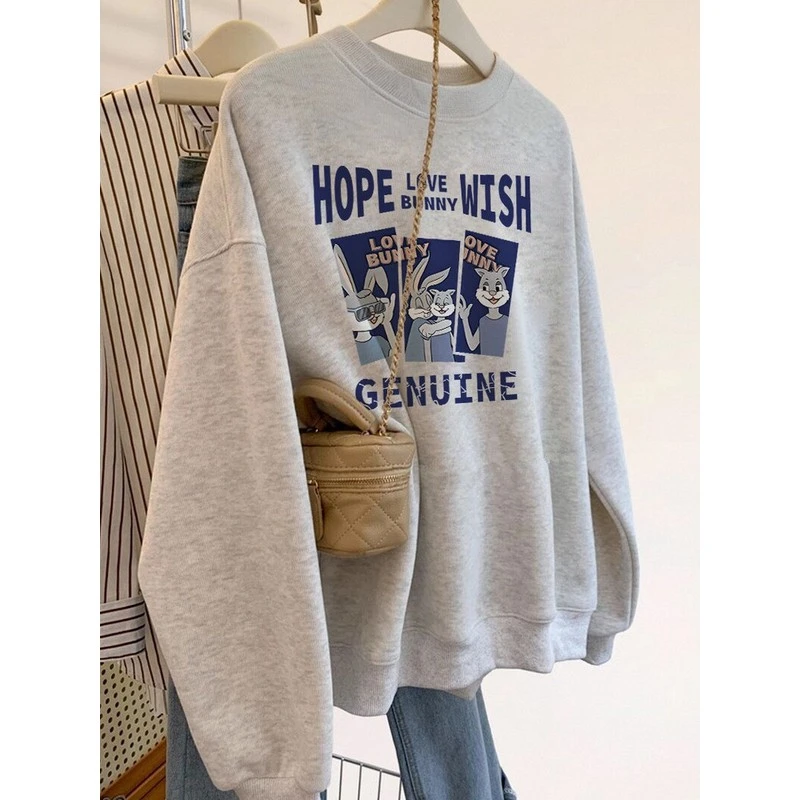 春秋季长袖圆领卫衣女2025新款宽松显瘦百搭减龄休闲运动加绒上衣