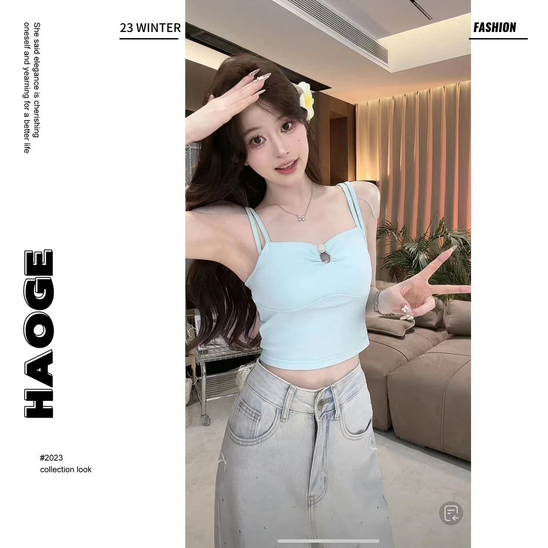 冰冰●C4DD4907A时尚小香风纯色百搭修身吊带莫奈花园风