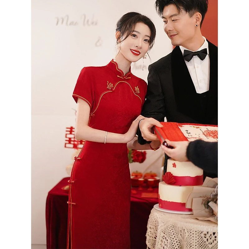 春夏酒红色新中式旗袍敬酒服新娘结婚订婚回门气质显瘦中国风礼服