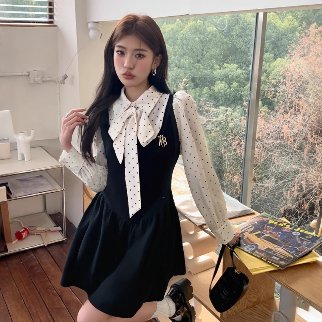 Amiu富家千金连衣裙高级感小香风穿搭波点假两件收腰小黑裙D0489