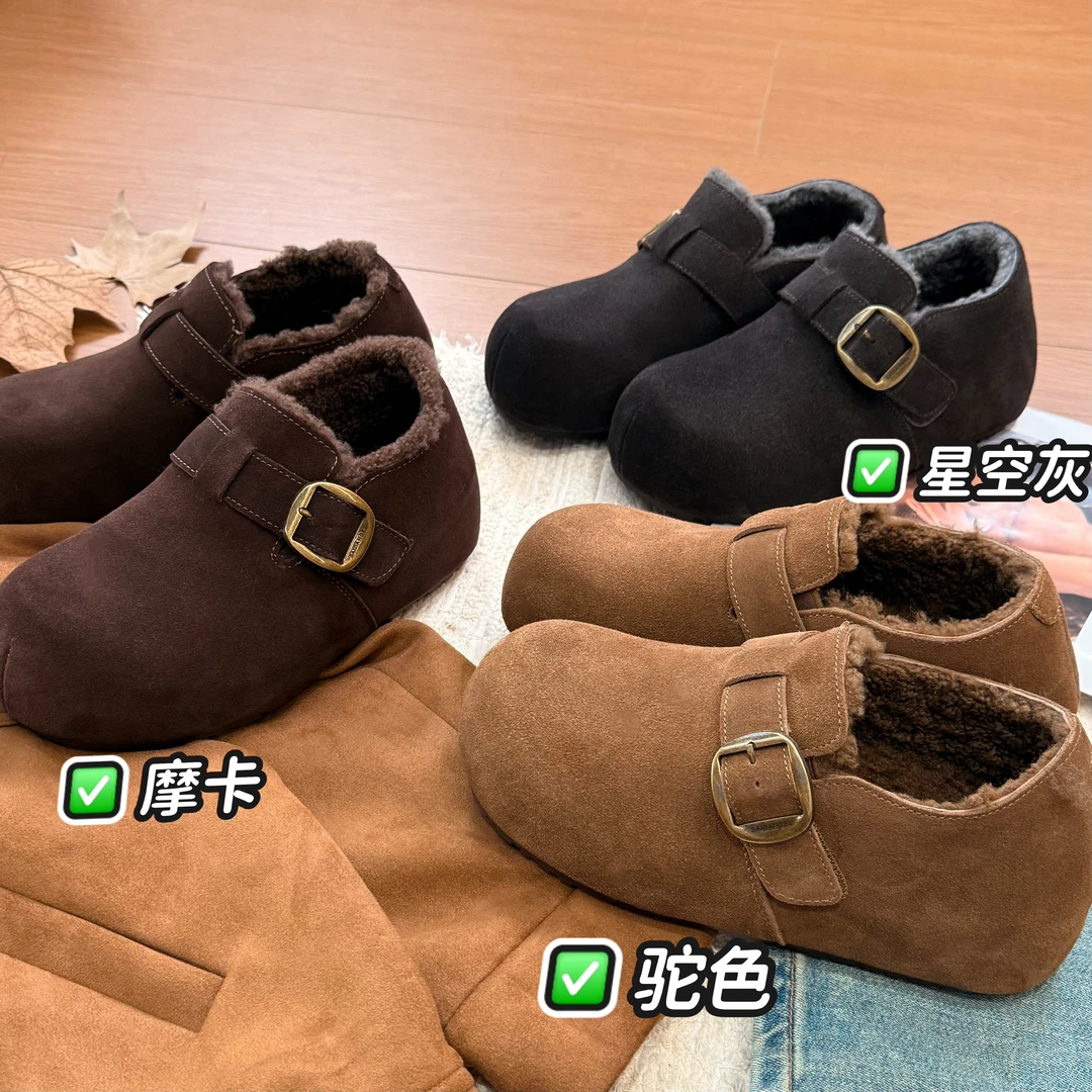 ’烤栗’4公分｜冬季牛皮新款增高羊毛勃肯鞋女懒人鞋深口棉鞋