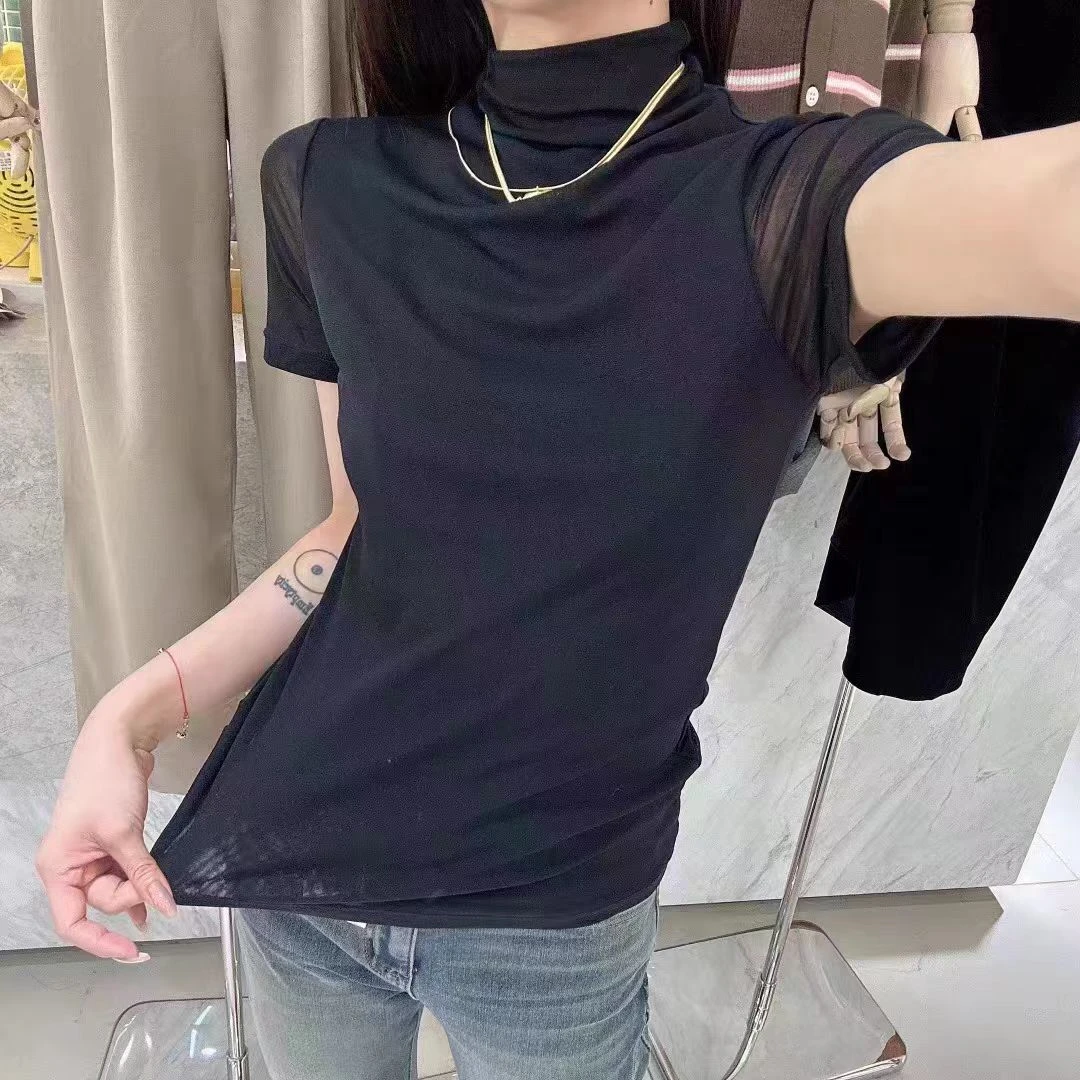小亚推荐【实体品质】9832半高领双层网纱短袖打底衫百搭修身半袖