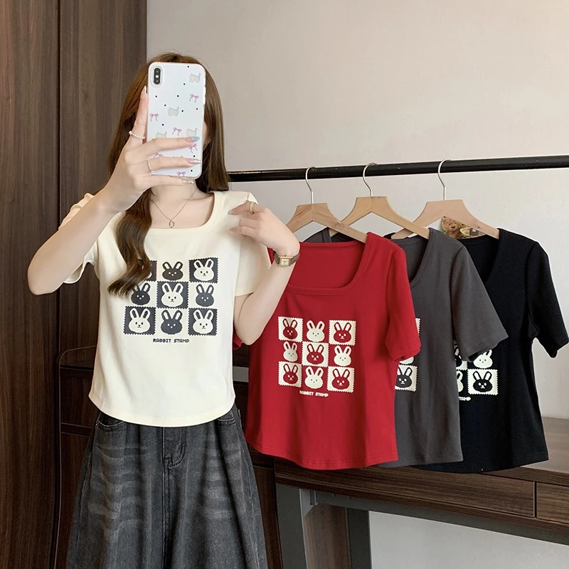 正肩u领弧形T恤显瘦收腰遮肉2025春夏装新款胖mm大码时尚兔子印花