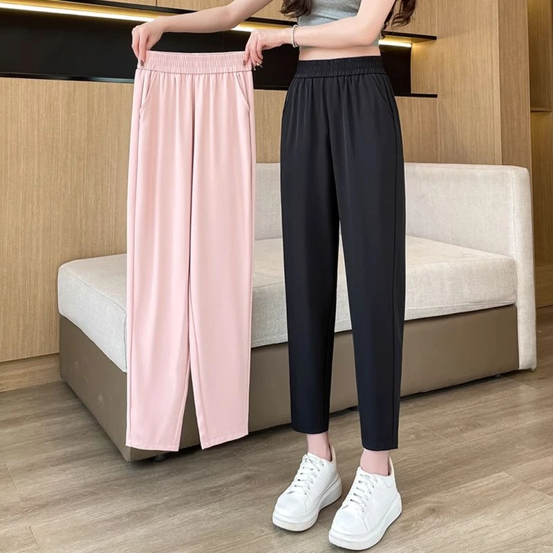 八分冰丝西装裤女夏季薄款高腰宽松显瘦烟管休闲哈伦裤九分直筒裤