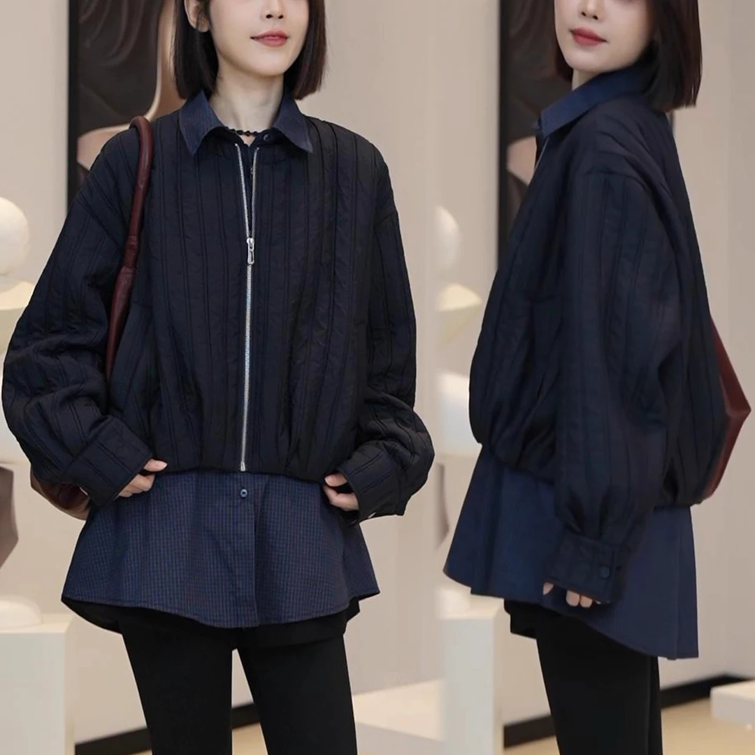 2026秋冬新款文艺风复古格纹拼接假两件韩版宽松加棉保暖棉衣外套