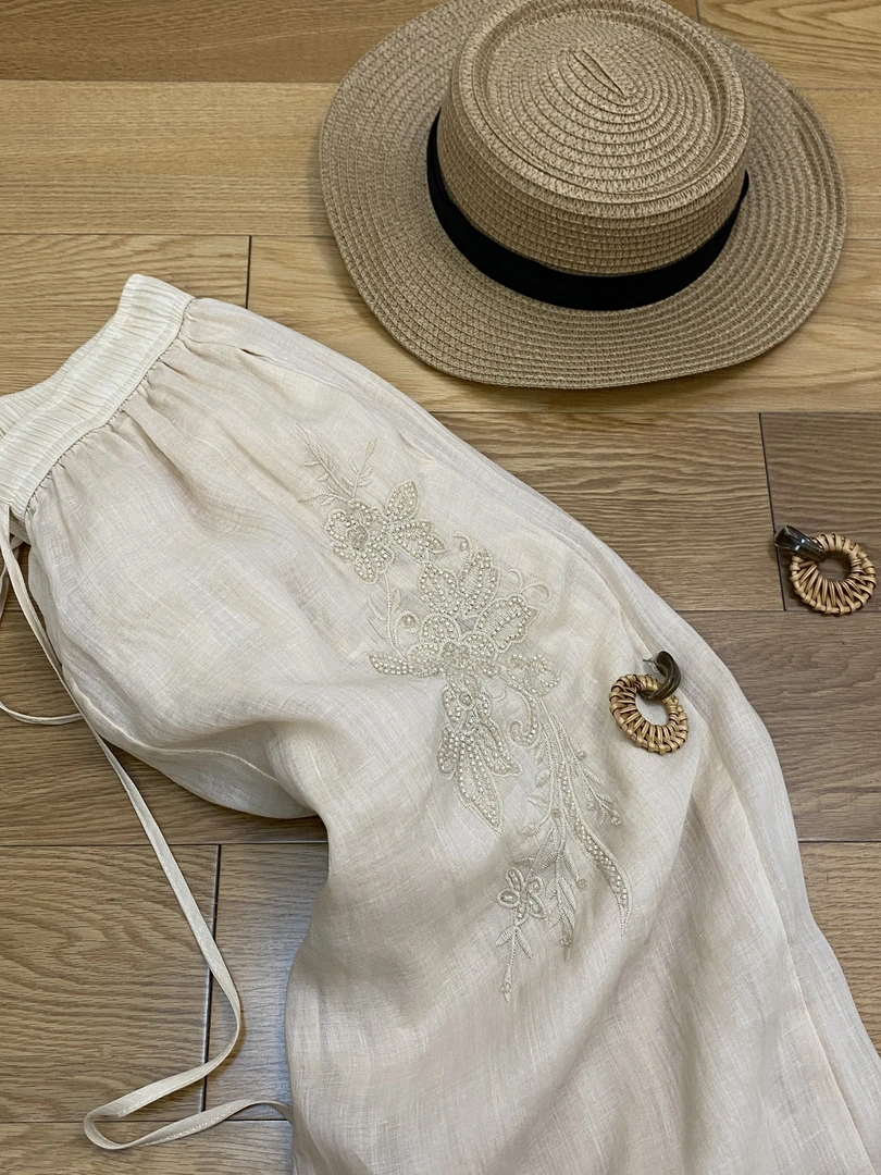 重工刺绣钉珠裤百搭100苎麻阔腿裤长裤夏季