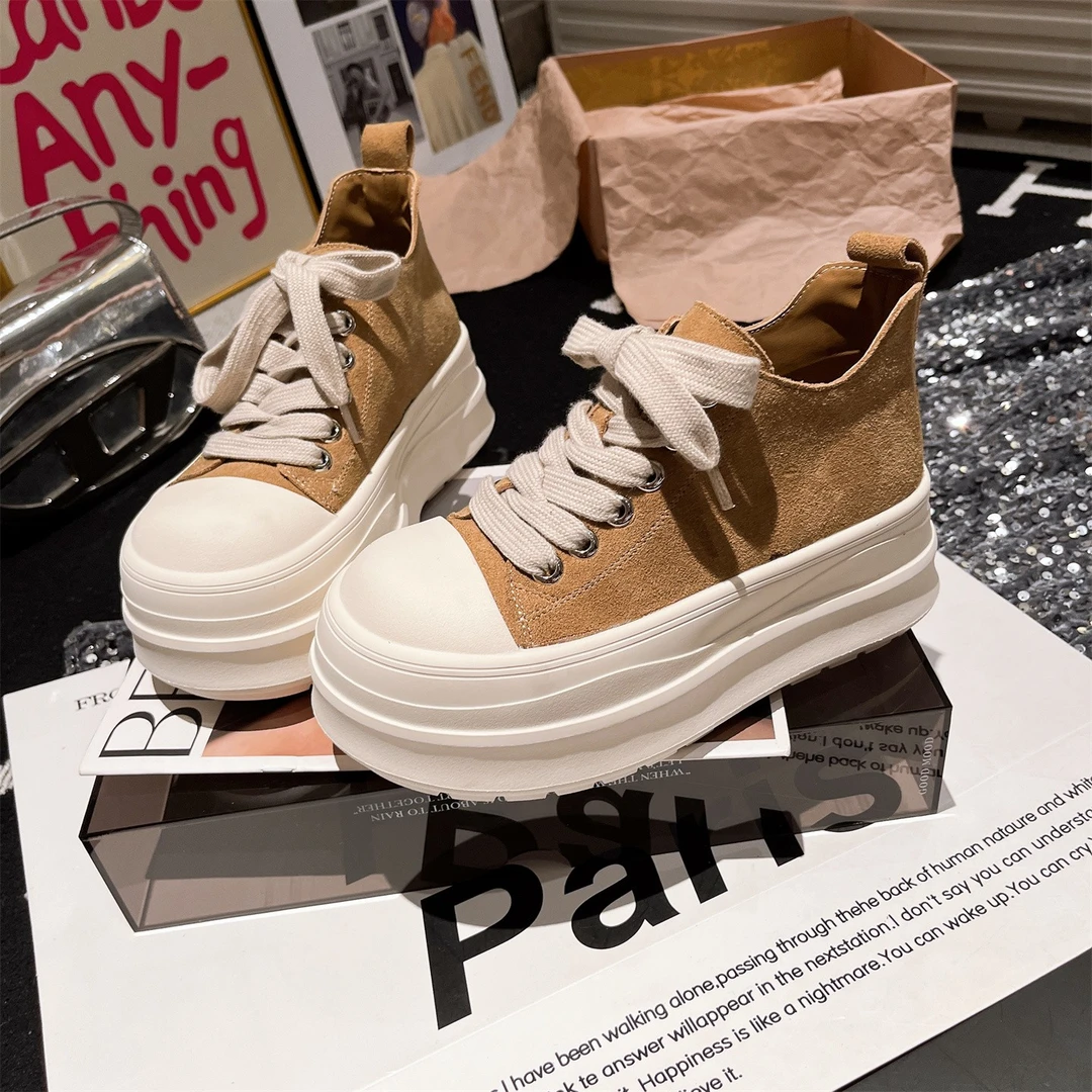 2025秋季新款韩版厚底磨砂帆布鞋时尚休闲运动松糕底单鞋真皮女鞋