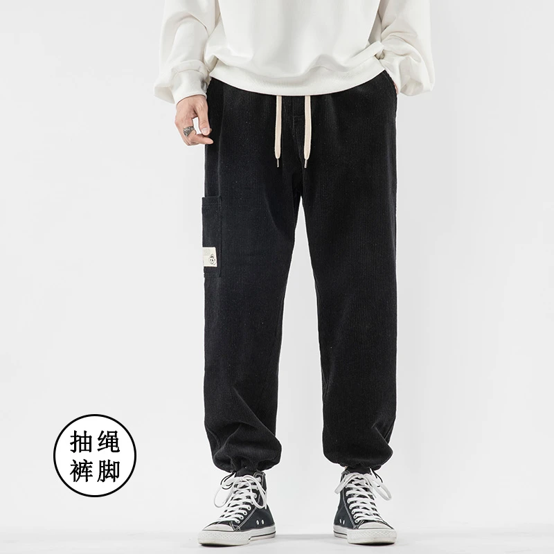 9613灯芯绒裤男直筒运动宽松秋冬加绒工装条绒休闲长裤抽绳束脚裤