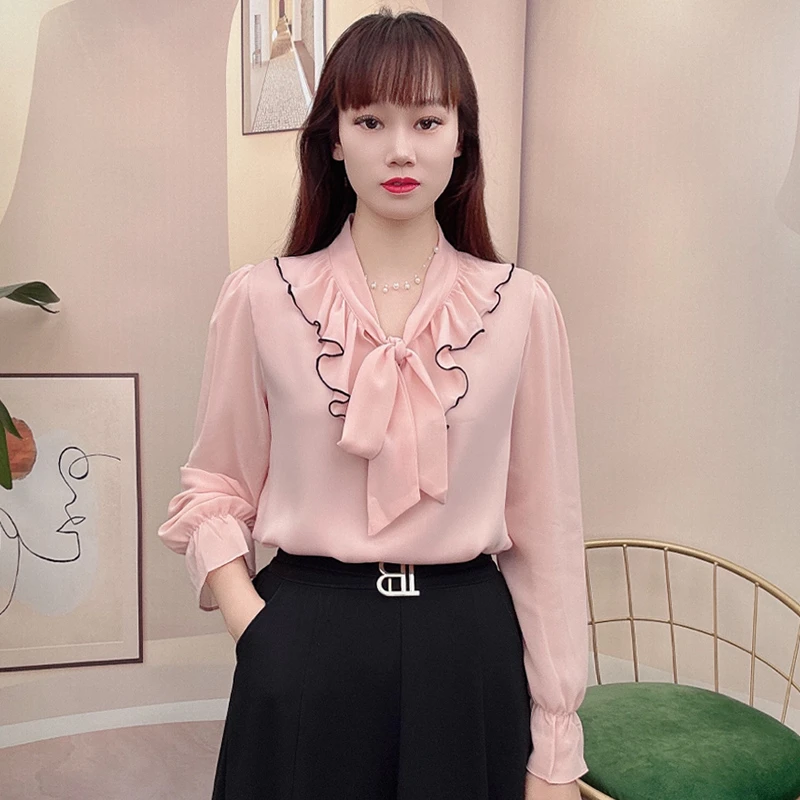 洋气长袖木耳边衬衫女士宽松上衣2025新款遮肚子百搭气质系带小衫