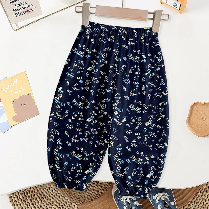 新款韩版男女童夏季冰丝束脚裤透气洋气薄款印花防蚊裤儿童休闲裤