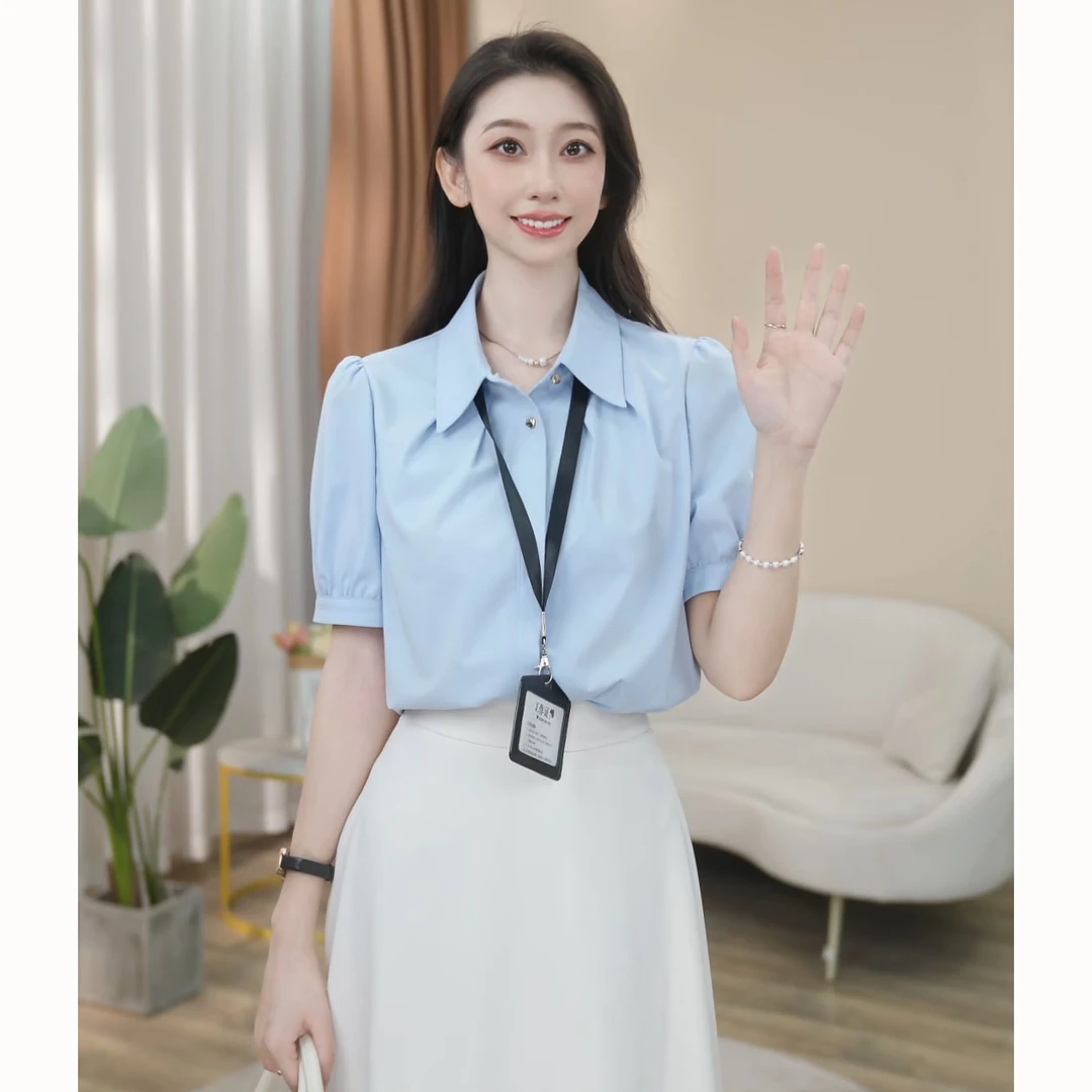 【曼贝】定制新款短袖衬衫女宽松设计感气质百搭显瘦8592458C【甜甜】
